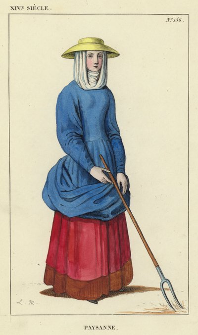 Século XIV, mulher camponesa (gravura colorida) de French School
