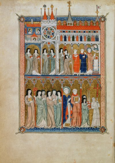Yates Thompson 11 f.6v Missa com a participação de funcionários com uma procissão abaixo, c.1300 (vellum) de French School