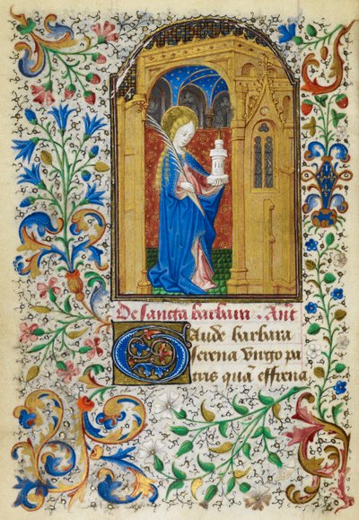 Yates Thompson 3, fol.289v Miniatura de Santa Bárbara sob um arco dourado, carregando uma palmeira e sua torre, com uma borda folhada completa, no início de seu sufrágio, de 