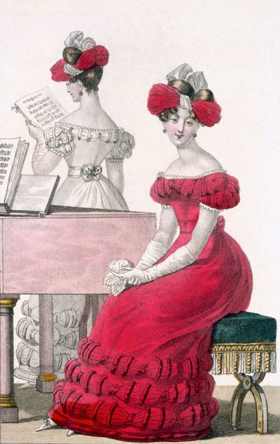 Mulher jovem, em, um, crepe, vestido noite, com, um, Elaborate, headdress, anúncio, em, modos, de, paris, c.1825 de French School