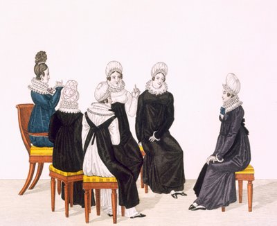 Mulheres jovens conversando, c. 1820 (gravura a cores) de French School