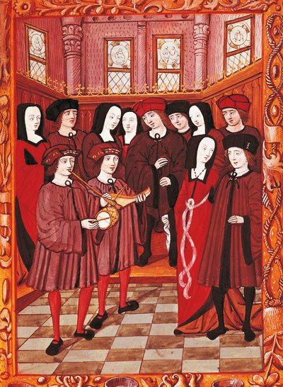 Jovem casal ouvindo músicos, imagem de um manuscrito francês de French School