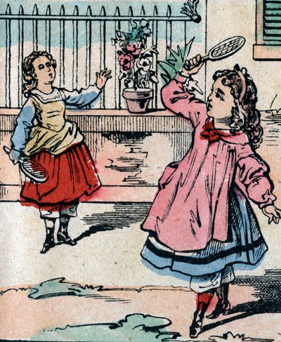 Jovens raparigas jogando battledore e shuttlecock, jogo precoce semelhante ao badmington - Imagem epinal - século XIX (gravura) de French School