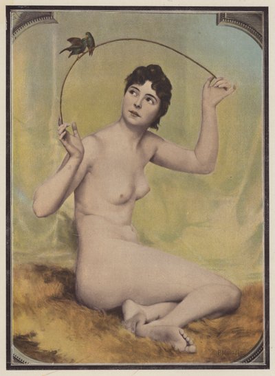 Jovem mulher nua com pássaros (lito colorido) de French School