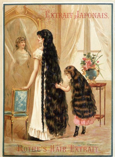 Mulher jovem e a sua filha pequena com cabelo muito comprido e abundante - publicidade ao extrato capilar de Rothe, um produto japonês de extrato capilar de French School