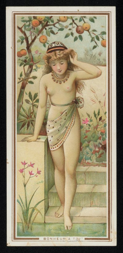 Jovem mulher num jardim, cartão de felicitações. (chromolitho) de French School