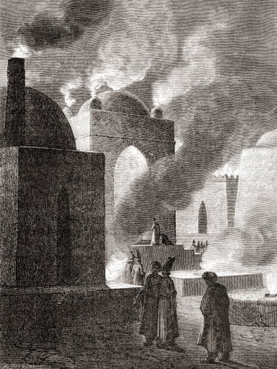 Adoradores do fogo zoroastriano num Templo de Fogo em Baku, Azerbaijão, de 