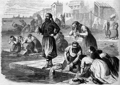 Zouaves do exército francês a lavar a roupa. Itália, Risorgimento de 1859. Gravura em "Le Monde Illustré" n°122 de 13 de Agosto de 1859. de French School