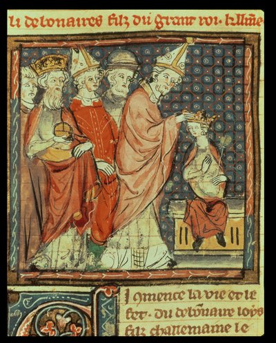 f.142r A coroação de Luís I, o Piedoso (778-840) Sacro Imperador Romano pelo Papa Stephen IV (papa 816-817) em Reims em 816, das Grandes Chroniques de France, 1375-79 de French School