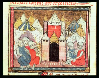 O cerco de Château-Gaillard em 1204, quando Filipe Augusto da França (1165-1223) derrotou o rei João (Lackland) da Inglaterra (1199-1216), das Grandes Chroniques de France, 1375-1779. de French School