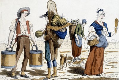 ilustração dos trajes de Paris no século XVIII: carregador de água, comerciante de melões, chiffonnier, comerciante de prazeres. de French School