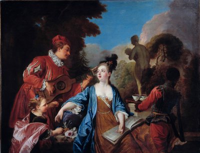 prová-lo num parque Os jovens da nobreza são servidos o chá no jardim por um jovem criado negro. Pintura da Escola Francesa. Século XVIII. Sol 1,71x1,32 m Rouen, musee des Beaux Arts. de French School