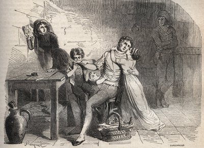 o caso do correio de Lyon - Case du courrier de Lyon: O adeus de Joseph Lesurques à sua família: supostamente envolvido no caso do correio de Lyon em 1796 foi acusado injustamente de ter atacado o tronco do correio de Lyon e foi guilhotina - Engraving in " de French School