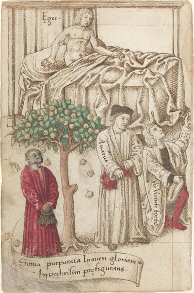 Um macaco de púrpura com um homem doente, um homem bom e um avarento [fol. 36 verso] de French early 16th Century
