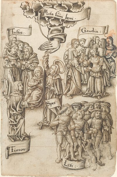 Esperança, Alcançando o Céu, Permanece entre Homens Tristes e Felizes, Alegrias e Medos [fol. 19 reto] de French early 16th Century