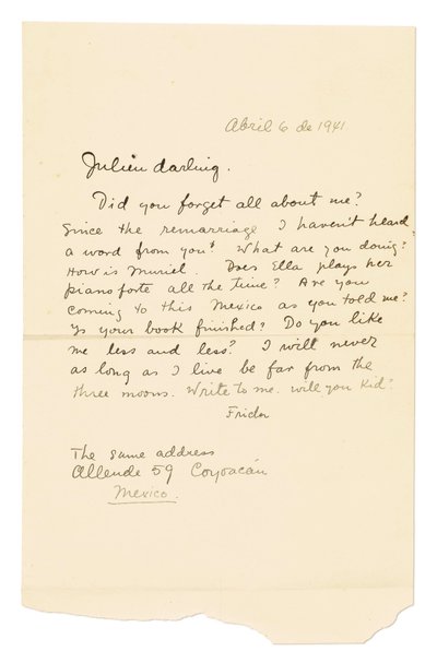 Carta autógrafa assinada ("Frida") a Julien [Levy], Coyoacán, 6 de abril de 1941 (caneta e tinta sobre papel) de Frida Kahlo