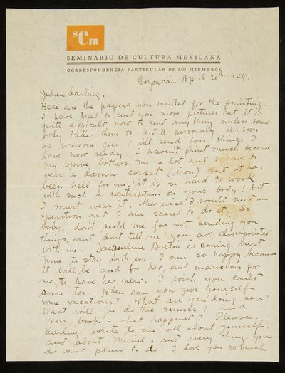 Carta de Frida Kahlo a Julien Levy, em inglês, 20 de abril de 1944 (caneta e tinta sobre papel) de Frida Kahlo