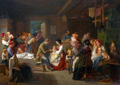 Vacinação contra a varíola no campo - Uma vacinação contra a varíola no campo - Friedrich Adolph Hornemann (1813-1890). Óleo sobre tela de Friedrich Adolph Hornemann