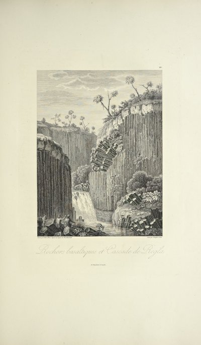 Basalt Rocks and the Cascade de Regla, desenhado por Gmelin, gravado por Bouquet, ilustração de 