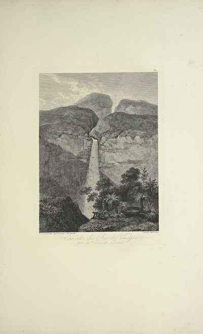 Quedas do Rio de Vinagre, perto do Vulcão do Purace, desenhadas por Koch, gravadas por Arnold, ilustração de 
