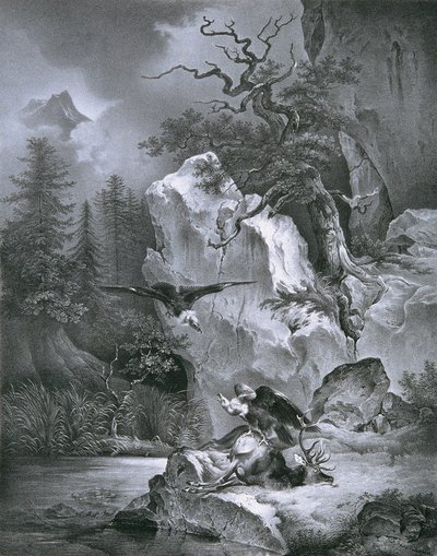 Abutre com veado morto de Friedrich August Mathias Gauermann