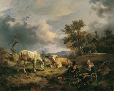 Jovem casal de agricultores a descansar no campo de Friedrich August Mathias Gauermann