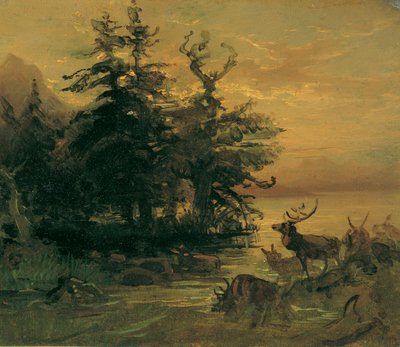 Cervos chafurdando na margem de um lago de montanha de Friedrich August Mathias Gauermann