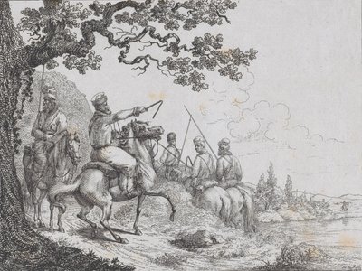 Cossacos cavalgando ao longo da margem do rio, 1814. de Friedrich August de La Belle