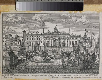Plano de Génova representando a Ponte Real, a Ponte Nova de Mercanzia e o Palácio de São Jorge visto do mar, c.1750 (gravura) de Friedrich Bernhard Werner