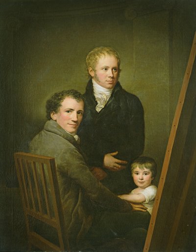Auto-retrato com a Filha Foster Lina Groger e o pintor Heinrich Jakob Aldenrath, c.1801-15 de Friedrich Carl Groger