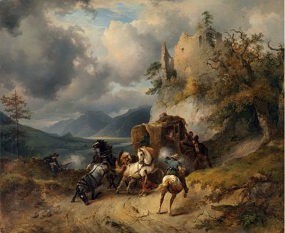 The Robbery par Gauermann, Friedrich August Matthias (1807-1862). Óleo sobre tela, tamanho : 60,5x74 de Friedrich Gauermann