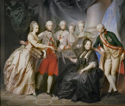 A imperatriz Maria Theresia rodeada pelos seus filhos, em lençois de viúva, após a morte do seu marido, o imperador Franz Stephan ... (pintura sobre tela) de Friedrich Heinrich Fuger