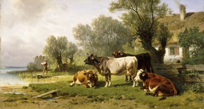 Gado em um pátio ao longo de um rio com um pescador além, 1881 de Friedrich Johann Voltz