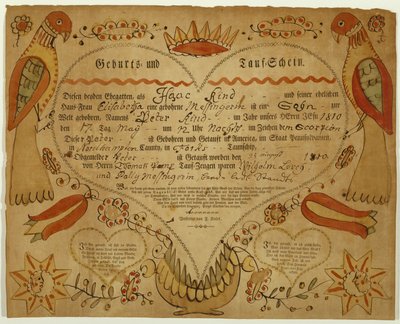 Certificado de Nascimento e Batismal, c. 1790-1800 (tinta oxgall, aquarela e gravura em papel) de Friedrich Krebs
