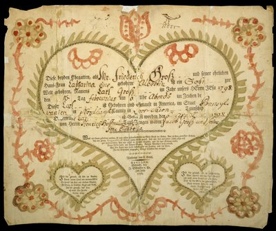Certificado de Nascimento e Baptismo, c. 1800 (tinta oxgall, aguarela e gravura em papel vegetal) de Friedrich Krebs