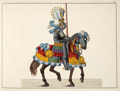 Um cavaleiro a caminho de um torneio, prato de "A History of the Development and Customs of Chivalry", do Dr. Franz Kottenkamp, publicado por Carl Hoffmann, 1842 de Friedrich Martin von Reibisch