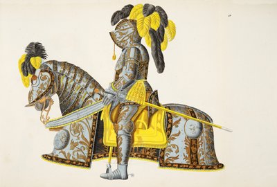 Armadura usada pelo Eleitorado Christian I, placa de &39;A History of the Development and Customs of Chivalry&39;, do Dr. Franz Kottenkamp, publicada por Carl Hoffmann, 1842 de Friedrich Martin von Reibisch