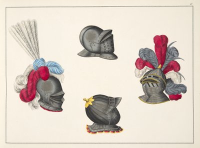 Capacetes, placa de &39;Uma História do Desenvolvimento e Costumes de Cavalaria&39;, do Dr. Franz Kottenkamp, publicado por Carl Hoffmann, 1842 de Friedrich Martin von Reibisch
