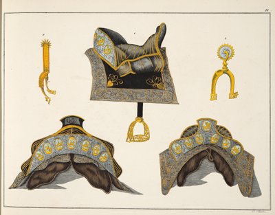 Selas e esporas, placa de &39;Uma História do Desenvolvimento e Costumes de Cavalaria&39;, do Dr. Franz Kottenkamp, publicado por Carl Hoffmann, 1842 de Friedrich Martin von Reibisch