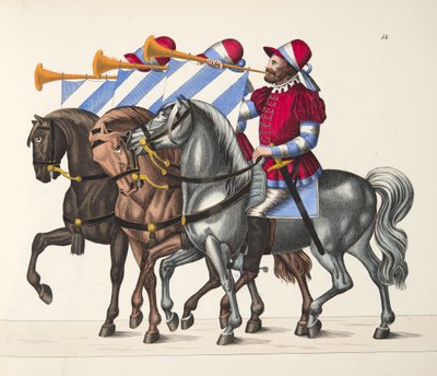 Três músicos em um torneio, placa de A História do Desenvolvimento e Costumes de Cavalaria, pelo Dr. Franz Kottenkamp, publicado por Carl Hoffmann, 1842 de Friedrich Martin von Reibisch