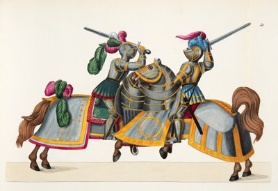 Dois cavaleiros em um torneio, placa de "Uma História do Desenvolvimento e Costumes de Cavalaria", do Dr. Franz Kottenkamp, publicado por Carl Hoffmann, 1842 de Friedrich Martin von Reibisch