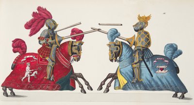 Dois cavaleiros em um torneio, placa de "Uma História do Desenvolvimento e Costumes de Cavalaria", do Dr. Franz Kottenkamp, publicado por Carl Hoffmann, 1842 de Friedrich Martin von Reibisch