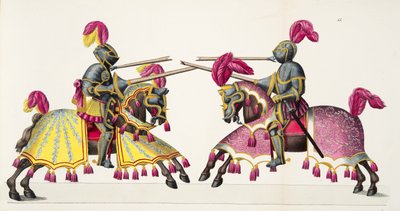 Dois cavaleiros em um torneio, placa de "Uma História do Desenvolvimento e Costumes de Cavalaria", do Dr. Franz Kottenkamp, publicado por Carl Hoffmann, 1842 de Friedrich Martin von Reibisch