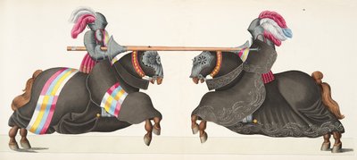 Dois cavaleiros em um torneio, placa de "Uma História do Desenvolvimento e Costumes de Cavalaria", do Dr. Franz Kottenkamp, publicado por Carl Hoffmann, 1842 de Friedrich Martin von Reibisch