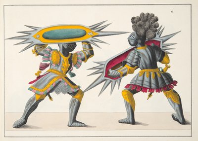 Dois cavaleiros lutando, prato de &39;Uma História do Desenvolvimento e Costumes de Cavalaria&39;, do Dr. Franz Kottenkamp, publicado por Carl Hoffmann, 1842 de Friedrich Martin von Reibisch