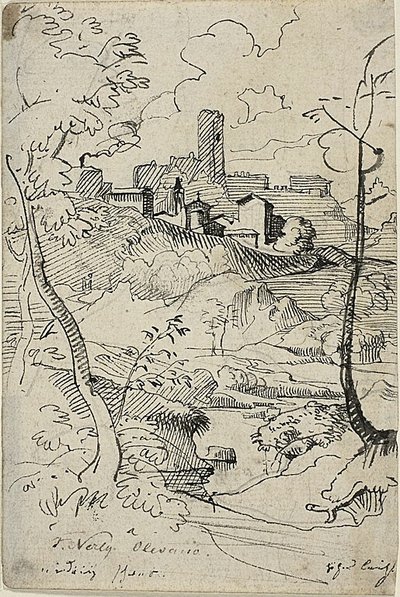 Cidade italiana com rio (frente); vista de uma cidade (verso) de Friedrich Nerly