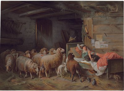 Placa representando um pastor dormindo com seu cão, um rebanho autônomo ao seu lado, final do século XIX - início do século XX de Friedrich Otto Gebler