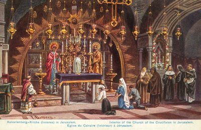 Altar da Crucificação, Igreja do Santo Sepulcro, Jerusalém (litografia a cores) de Friedrich Perlberg