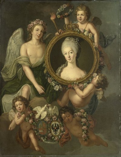 Retrato de Guilhermina da Prússia em um medalhão com alusões ao seu casamento com o príncipe William V em 4 de outubro de 1767 em Berlim (Frederika Sophia Wilhelmina) de Friedrich Reclam