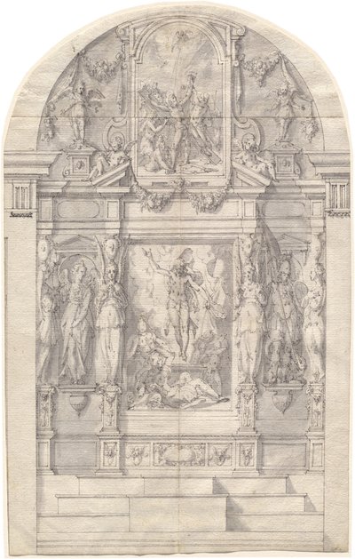 Um altar elaborado com a ressurreição de Cristo e o martírio de Santo André de Friedrich Sustris